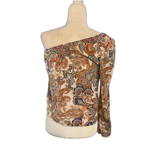 Shein Orange White Blue Paisley Pattern Cold Shoulder Top Medium - Picture 2 of 4